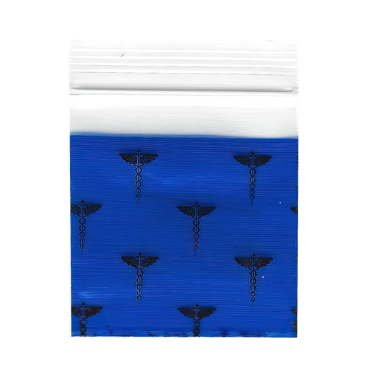 Mylar Bags, Cannabis Mylar Bags, , Where to buy mylar bags, Custom mylar bags near me, Mylar Bags Wholesale. Blue ziplock bags with black caduceus symbols on a white background