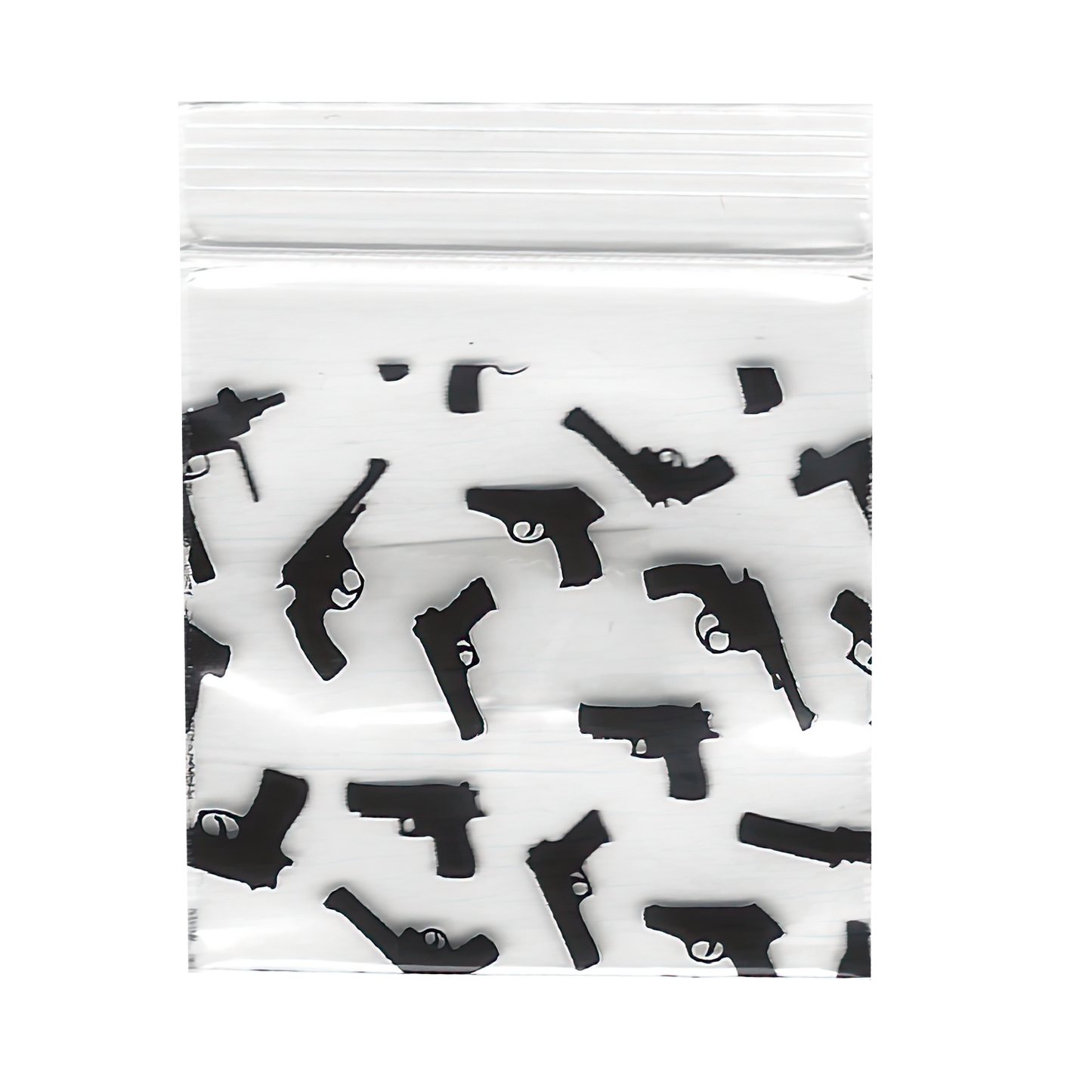 Mylar Bags, Cannabis Mylar Bags, , Where to buy mylar bags, Custom mylar bags near me, Mylar Bags Wholesale. Black gun-shaped objects on a white background in a clear plastic bag