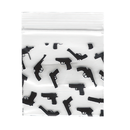 Mylar Bags, Cannabis Mylar Bags, , Where to buy mylar bags, Custom mylar bags near me, Mylar Bags Wholesale. Black gun-shaped objects on a white background in a clear plastic bag