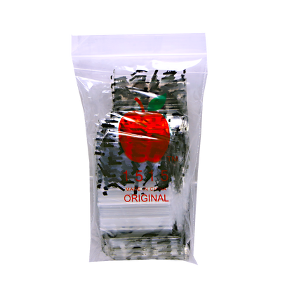 Mylar Bags, Cannabis Mylar Bags, , Where to buy mylar bags, Custom mylar bags near me, Mylar Bags Wholesale. Clear plastic bag with a red apple logo and text on a white background