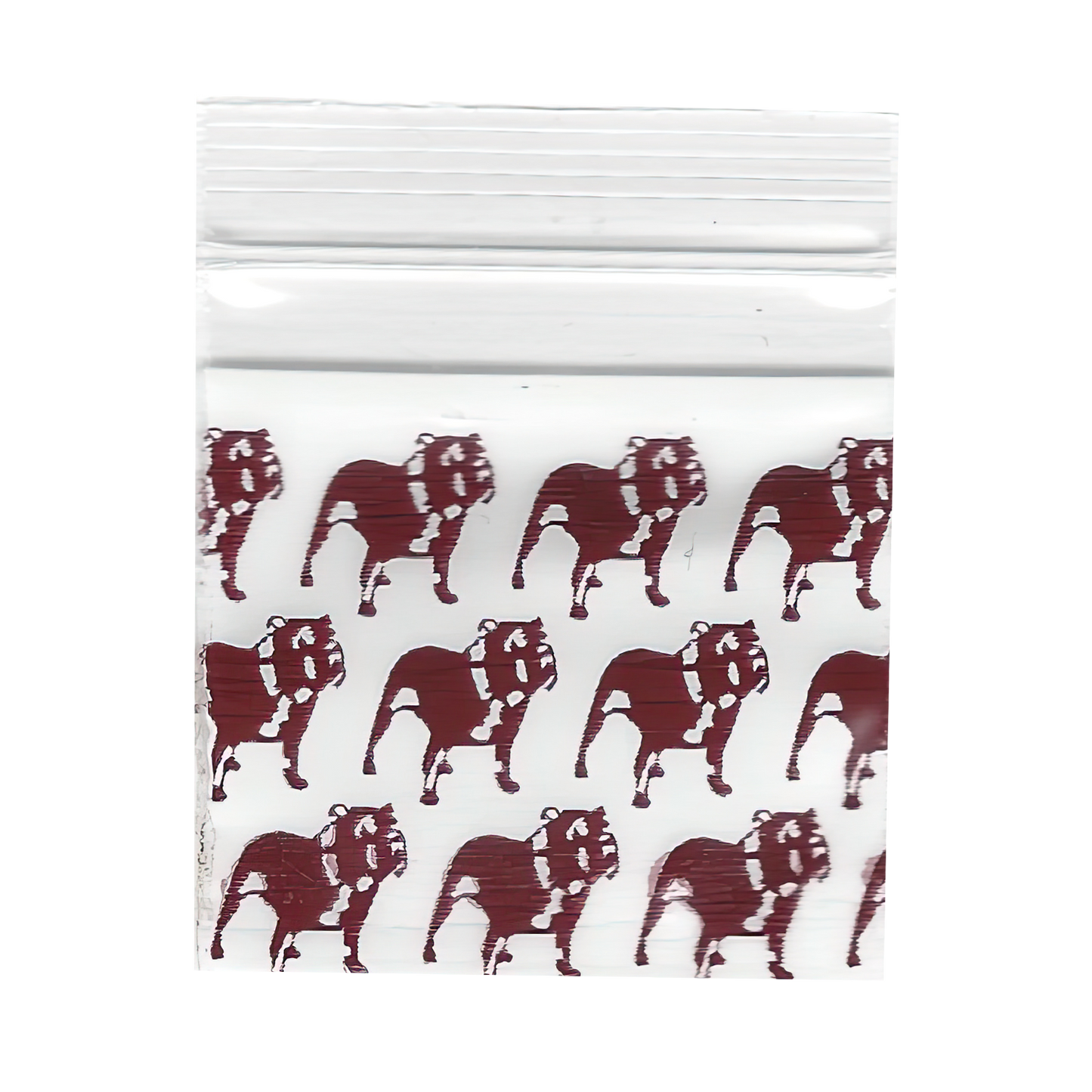 Mylar Bags, Cannabis Mylar Bags, , Where to buy mylar bags, Custom mylar bags near me, Mylar Bags Wholesale. White ziplock bag with red bulldog pattern on a white background
