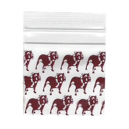Mylar Bags, Cannabis Mylar Bags, , Where to buy mylar bags, Custom mylar bags near me, Mylar Bags Wholesale. White ziplock bag with red bulldog pattern on a white background