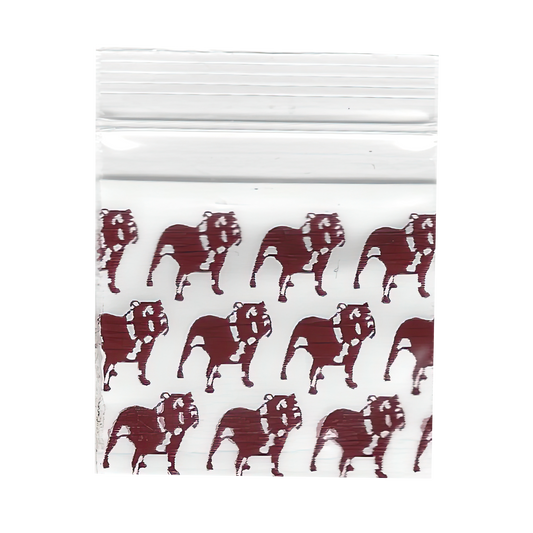 Mylar Bags, Cannabis Mylar Bags, , Where to buy mylar bags, Custom mylar bags near me, Mylar Bags Wholesale. White ziplock bag with red bulldog pattern on a white background