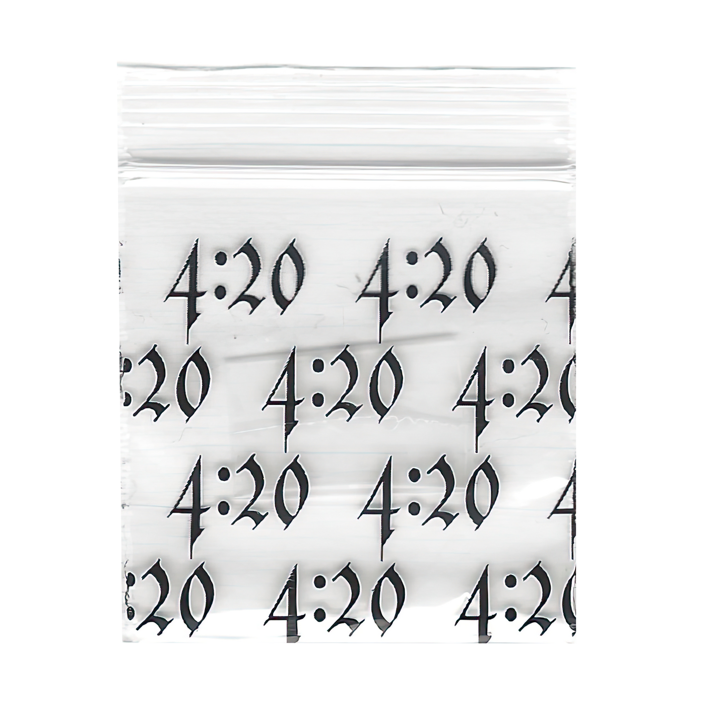 Mylar Bags, Cannabis Mylar Bags, , Where to buy mylar bags, Custom mylar bags near me, Mylar Bags Wholesale. Clear plastic bag with black '4:20' text on a white background