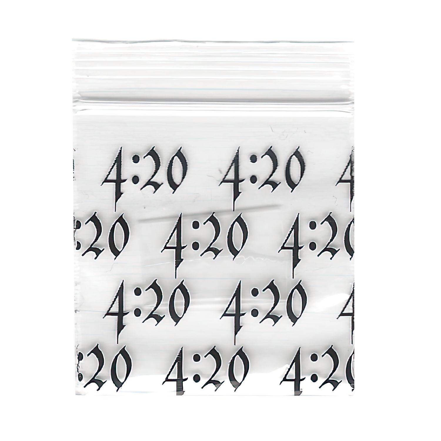 Mylar Bags, Cannabis Mylar Bags, , Where to buy mylar bags, Custom mylar bags near me, Mylar Bags Wholesale. Clear plastic bag with black '4:20' text on a white background