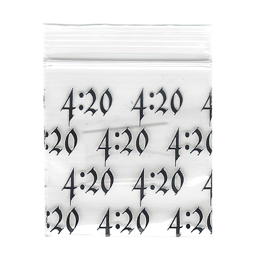 Mylar Bags, Cannabis Mylar Bags, , Where to buy mylar bags, Custom mylar bags near me, Mylar Bags Wholesale. Clear plastic bag with black '4:20' text on a white background