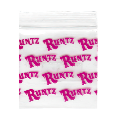 Mylar Bags, Cannabis Mylar Bags, , Where to buy mylar bags, Custom mylar bags near me, Mylar Bags Wholesale. Bag of Runtz candy with pink text on a white background