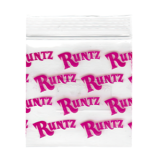 Mylar Bags, Cannabis Mylar Bags, , Where to buy mylar bags, Custom mylar bags near me, Mylar Bags Wholesale. Bag of Runtz candy with pink text on a white background