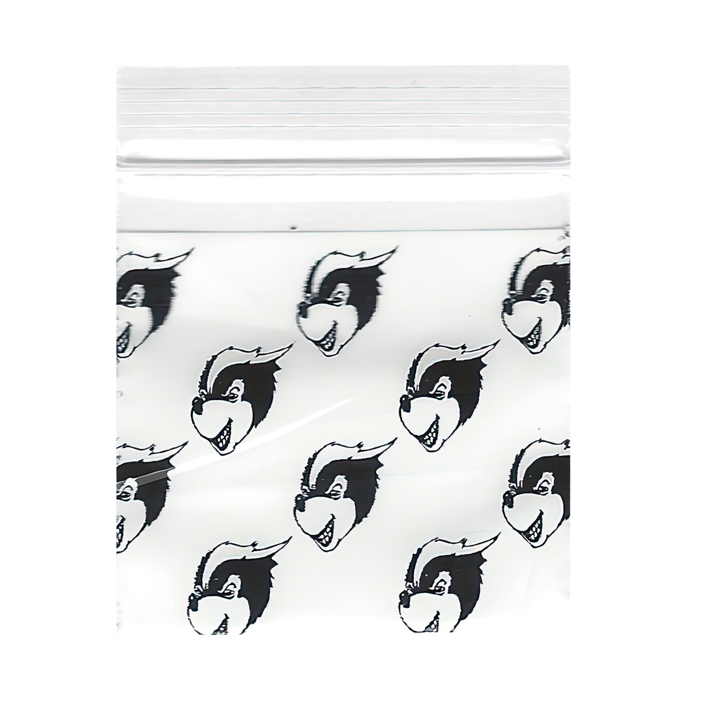 Mylar Bags, Cannabis Mylar Bags, , Where to buy mylar bags, Custom mylar bags near me, Mylar Bags Wholesale. Clear plastic bag with black and white cartoon character pattern on a white background