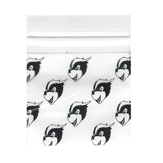 Mylar Bags, Cannabis Mylar Bags, , Where to buy mylar bags, Custom mylar bags near me, Mylar Bags Wholesale. Clear plastic bag with black and white cartoon character pattern on a white background