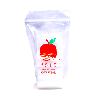 Mylar Bags, Cannabis Mylar Bags, , Where to buy mylar bags, Custom mylar bags near me, Mylar Bags Wholesale. Clear plastic bag with red apple logo and text on a white background