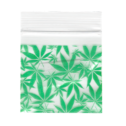 Mylar Bags, Cannabis Mylar Bags, , Where to buy mylar bags, Custom mylar bags near me, Mylar Bags Wholesale. Clear plastic bag with green cannabis leaf pattern on a white background