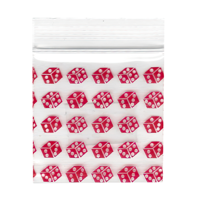 Mylar Bags, Cannabis Mylar Bags, Where to buy mylar bags, Custom mylar bags near me, Mylar Bags Wholesale. Apple Bags. Clear ziplock bag with red dice pattern on a white background