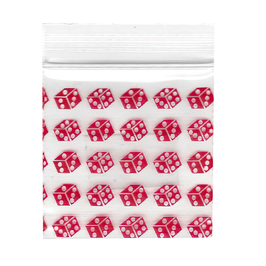 Mylar Bags, Cannabis Mylar Bags, Where to buy mylar bags, Custom mylar bags near me, Mylar Bags Wholesale. Apple Bags. Clear ziplock bag with red dice pattern on a white background