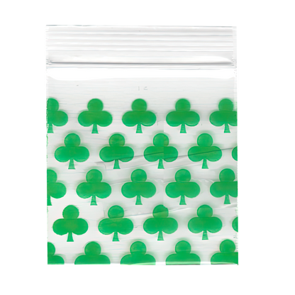 Mylar Bags, Cannabis Mylar Bags, , Where to buy mylar bags, Custom mylar bags near me, Mylar Bags Wholesale.  Clear plastic bag with green clover patterns on a white background