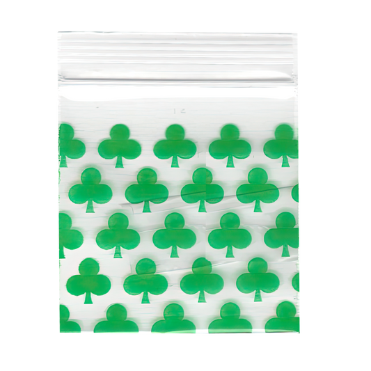 Mylar Bags, Cannabis Mylar Bags, , Where to buy mylar bags, Custom mylar bags near me, Mylar Bags Wholesale.  Clear plastic bag with green clover patterns on a white background
