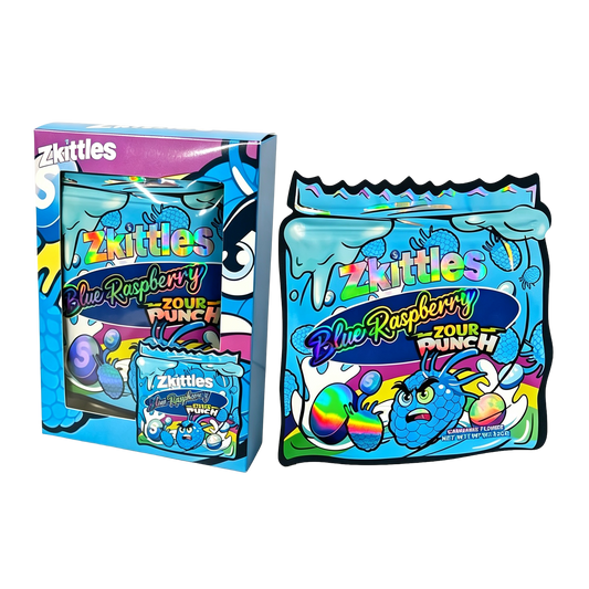 25 Pack 3.5g Shaped Bags & Window Boxes Set - Zkittles Blue Raspberry Zour Punch