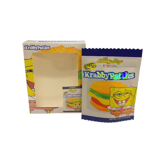 25 Pack 3.5g Shaped Bags & Window Boxes Set - The Candy Shop Krabby Patties