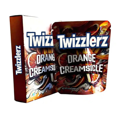 Large mylar bags, herb Mylar Bags, Mylar bag with box, Where to buy mylar bags, Custom mylar bags near me.  Twizzlerz Orange Creamsicle candy packaging on a white background