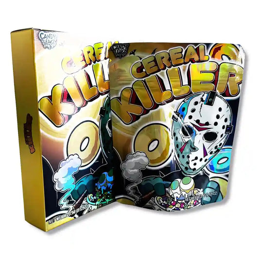 Large mylar bags, Cannabis Mylar Bags, Mylar bag with box, Where to buy mylar bags, Custom mylar bags near me.   Cereal Killer cereal box with a mask design on a white background
