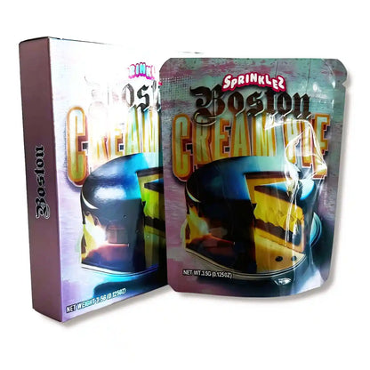 Large mylar bags, herb Mylar Bags, Mylar bag with box, Where to buy mylar bags, Custom mylar bags near me.  Sprinkles packaging with 'Boston Cream' branding on a white background