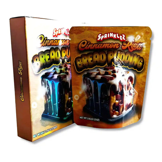 Large mylar bags, Cannabis Mylar Bags, Mylar bag with box, Where to buy mylar bags, Custom mylar bags near me.  Cinnamon Roll Bread Pudding packaging with Sprinkles branding on a white background