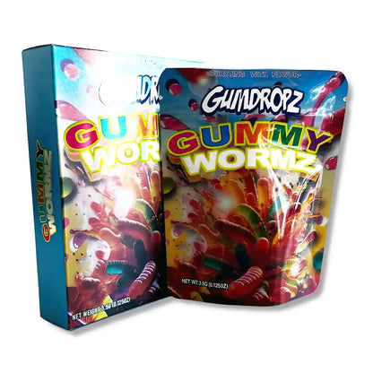Large mylar bags, herb Mylar Bags, Mylar bag with box, Where to buy mylar bags, Custom mylar bags near me.  Gummy worm candy packaging with colorful design and 'Gumdropz' branding.