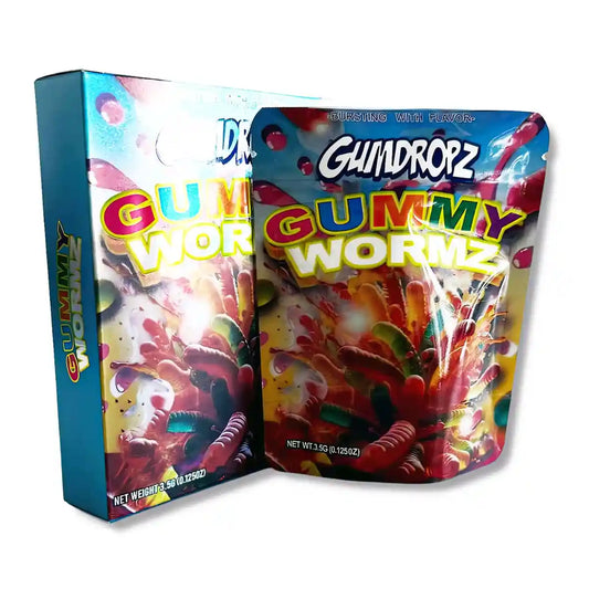 Large mylar bags, Cannabis Mylar Bags, Mylar bag with box, Where to buy mylar bags, Custom mylar bags near me.  Gummy worm candy packaging with colorful design and 'Gumdropz' branding.