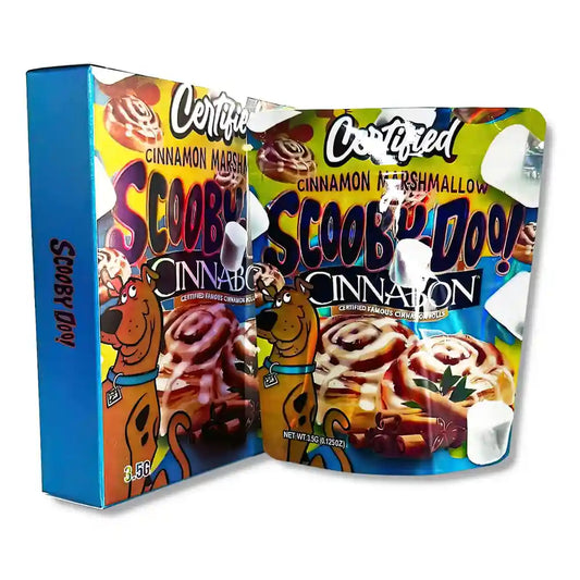Large mylar bags, Cannabis Mylar Bags, Mylar bag with box, Where to buy mylar bags, Custom mylar bags near me. Two packages of Scooby Doo cinnamon marshmallows on a white background