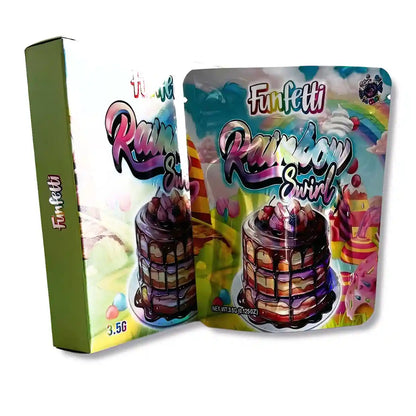Large mylar bags, herb Mylar Bags, Mylar bag with box, Where to buy mylar bags, Custom mylar bags near me. Colorful packaging of Funfetti Rainbow Swirl candy with a white background
