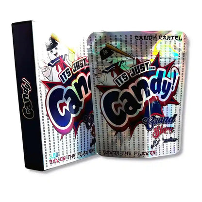 Large mylar bags, herb Mylar Bags, Mylar bag with box, Where to buy mylar bags, Custom mylar bags near me. Candy brand packaging with colorful design and text on a white background