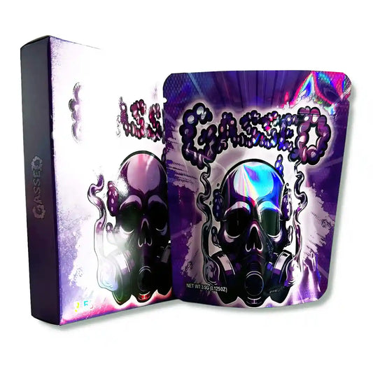 Large mylar bags, Cannabis Mylar Bags, Mylar bag with box, Where to buy mylar bags, Custom mylar bags near me. Gasseo product packaging with skull design on a white background