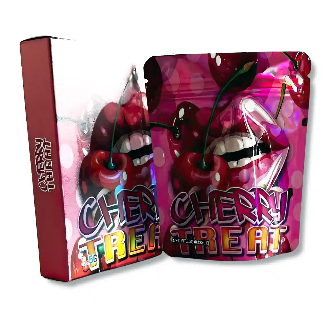 Large mylar bags, Cannabis Mylar Bags, Mylar bag with box, Where to buy mylar bags, Custom mylar bags near me. Two 'Cherry Treat' packages with cherries and colorful text on a white background