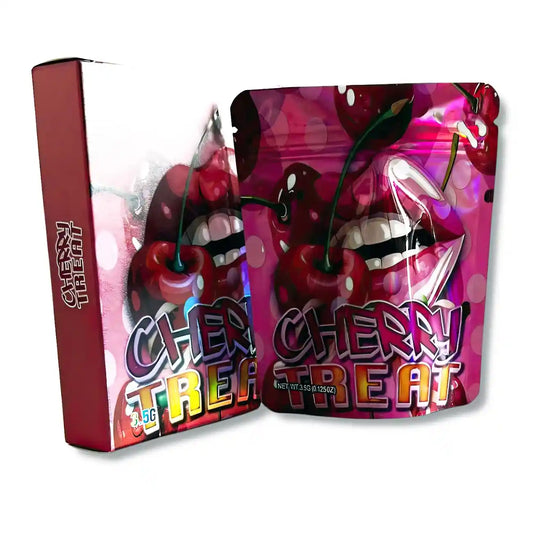 Large mylar bags, Cannabis Mylar Bags, Mylar bag with box, Where to buy mylar bags, Custom mylar bags near me. Two 'Cherry Treat' packages with cherries and colorful text on a white background