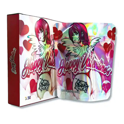 Large mylar bags, herb Mylar Bags, Mylar bag with box, Where to buy mylar bags, Custom mylar bags near me. Valentine's Day-themed product packaging with anime-style characters and hearts.