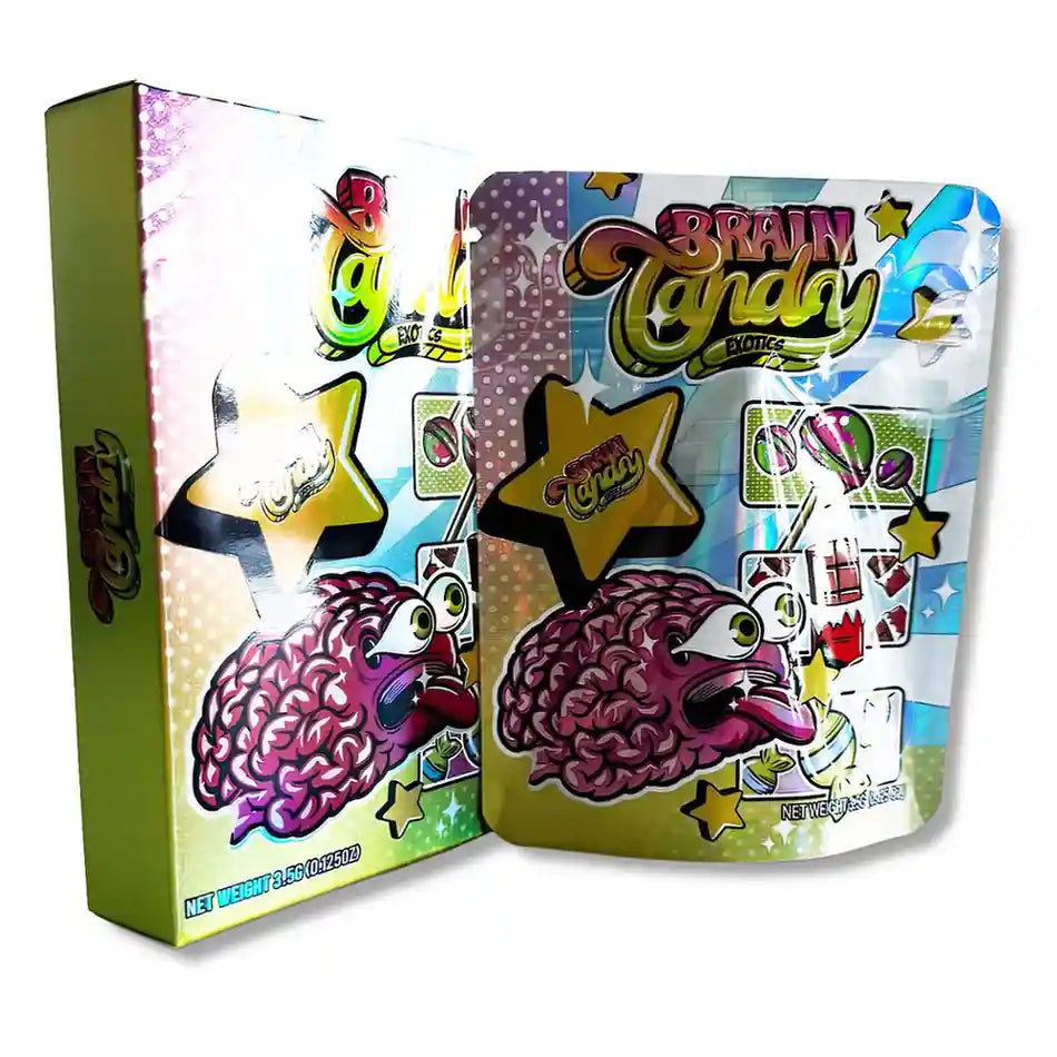 Large mylar bags, Cannabis Mylar Bags, Mylar bag with box, Where to buy mylar bags, Custom mylar bags near me. Colorful packaging of Brain Candy with cartoon brain design on a white background