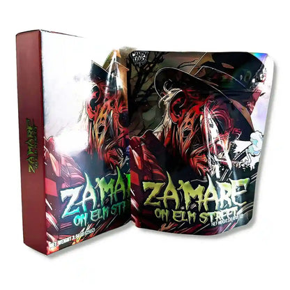 Large mylar bags, herb Mylar Bags, Mylar bag with box, Where to buy mylar bags, Custom mylar bags near me.  Zama on Elm Street packaging with colorful design and text