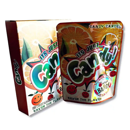 Large mylar bags, herb Mylar Bags, Mylar bag with box, Where to buy mylar bags, Custom mylar bags near me.  Two colorful candy packages with 'Candy Cartel' branding on a white background