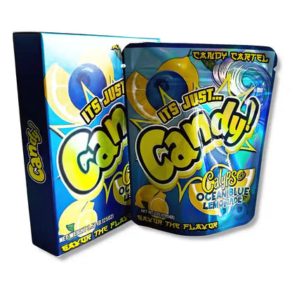 Large mylar bags, herb Mylar Bags, Mylar bag with box, Where to buy mylar bags, Custom mylar bags near me. Candy packaging with blue and yellow design on a white background