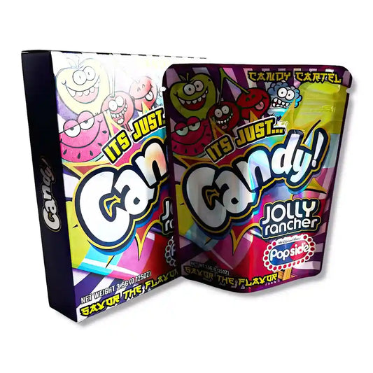 Large mylar bags, Cannabis Mylar Bags, Mylar bag with box, Where to buy mylar bags, Custom mylar bags near me. Two colorful candy packages with cartoon characters on a white background