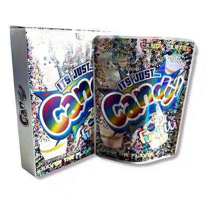 Large mylar bags, herb Mylar Bags, Mylar bag with box, Where to buy mylar bags, Custom mylar bags near me. Gummy candy packaging with colorful text and graphics on a white background