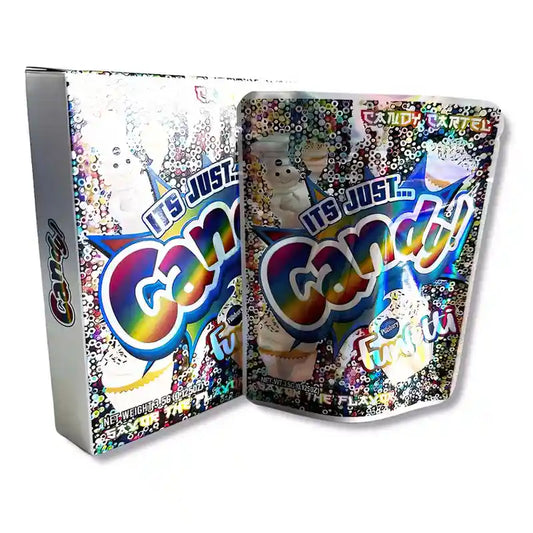 Large mylar bags, Cannabis Mylar Bags, Mylar bag with box, Where to buy mylar bags, Custom mylar bags near me. Gummy candy packaging with colorful text and graphics on a white background