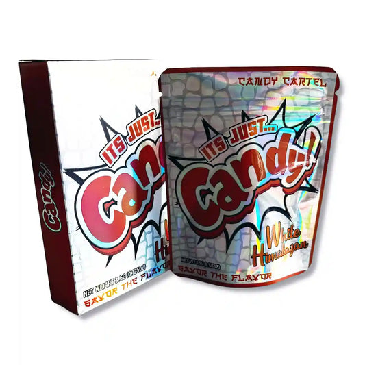 Large mylar bags, Cannabis Mylar Bags, Mylar bag with box, Where to buy mylar bags, Custom mylar bags near me. Candy Cartel packaging with colorful text and logo on a white background