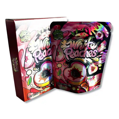 Large mylar bags, herb Mylar Bags, Mylar bag with box, Where to buy mylar bags, Custom mylar bags near me. Colorful packaging of 'White Peaches' with floral designs on a white background