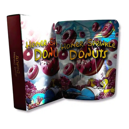 Large mylar bags, herb Mylar Bags, Mylar bag with box, Where to buy mylar bags, Custom mylar bags near me. Homer Sprinkle Donuts packaging with colorful design on a white background