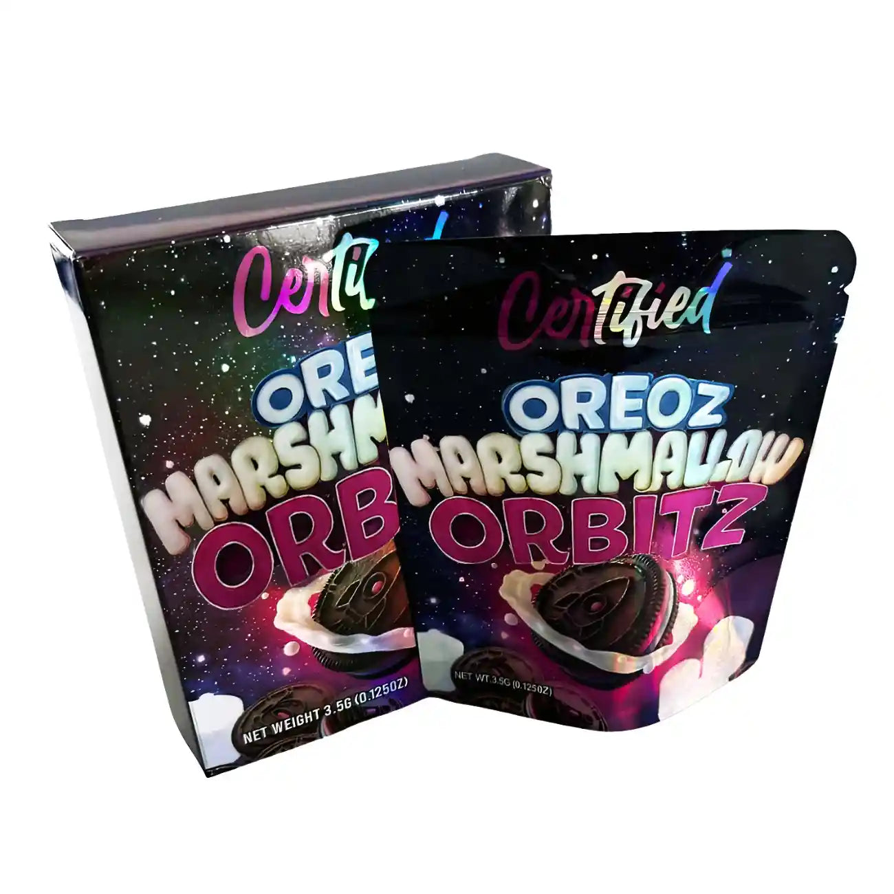 Large mylar bags, Cannabis Mylar Bags, Mylar bag with box, Where to buy mylar bags, Custom mylar bags near me. Two packages of Certified Oreoz Marshmallow Orbitz on a white background