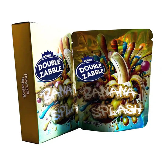 Large mylar bags, Cannabis Mylar Bags, Mylar bag with box, Where to buy mylar bags, Custom mylar bags near me. Double Zabble Banana Splash candy packaging on a white background