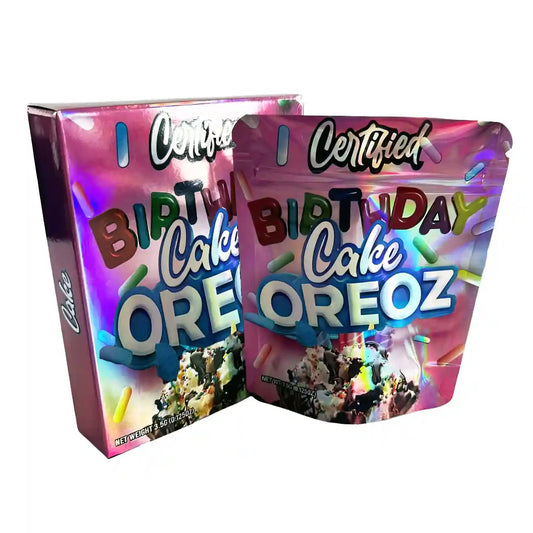 Large mylar bags, Cannabis Mylar Bags, Mylar bag with box, Where to buy mylar bags, Custom mylar bags near me.  Two packages of 'Certified Birthday Cake OREOZ' on a white background