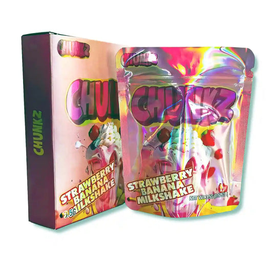 Large mylar bags, Cannabis Mylar Bags, Mylar bag with box, Where to buy mylar bags, Custom mylar bags near me. Colorful packaging of CHUNKZ Strawberry Banana Milkshake flavor on a white background