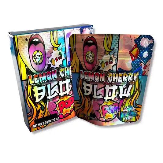 Large mylar bags, Cannabis Mylar Bags, Mylar bag with box, Where to buy mylar bags, Custom mylar bags near me. Colorful packaging of Lemon Cherry Pop with vibrant designs on a white background